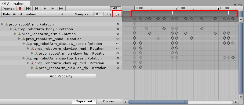  动画事件 显示在 事件线 中。通过双击 事件线 或使用 Event 按钮来添加新的 动画事件 。