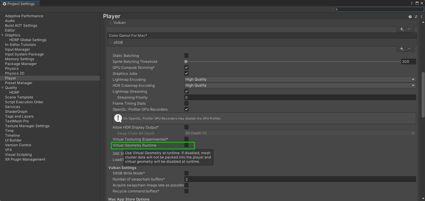 通过Editor Build Player时启用Virtual Geometry Runtime