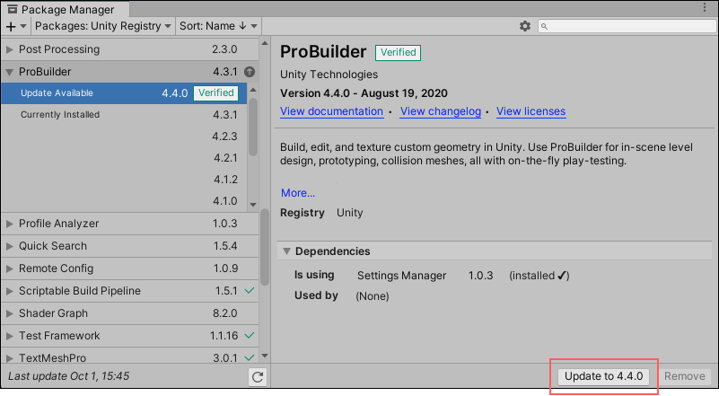 详细信息视图右下角的 **Update to** 按钮