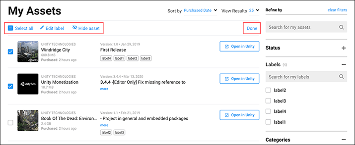 在编辑模式下,每个 Asset Store 资源包旁边都有复选框,还有适用于所有选定 Asset Store 资源包的链接