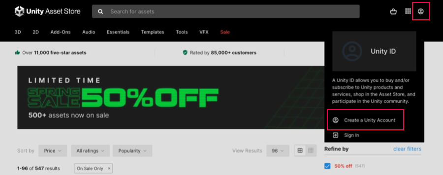 单击 **Sign In** 时将显示 Unity ID 登录提示,并有另一个指向 **Create a Unity Account** 的链接。
