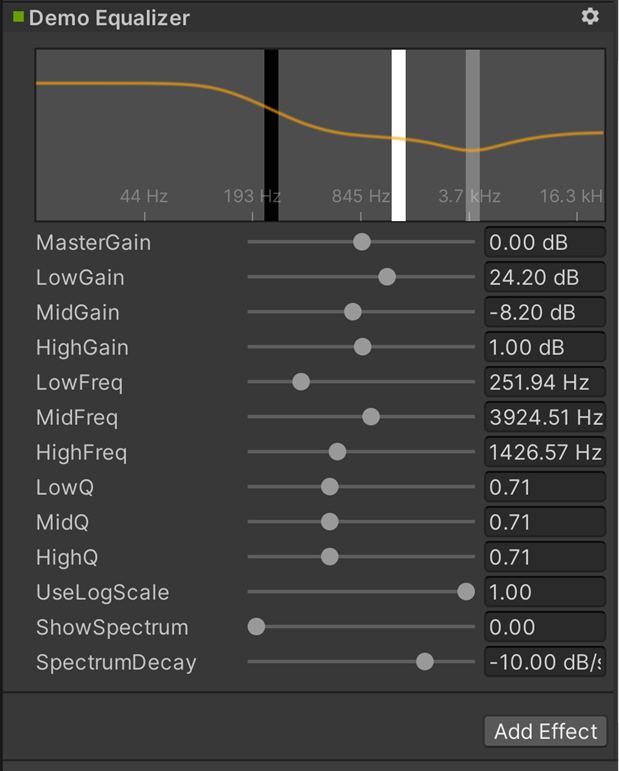 The Inspector window displays the Equalizer plug-in with control graph and sliders for individual configurable parameters.
