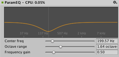 The AudioGroup Inspector window displays the configurable properties of a Parameter EQ effect component.
