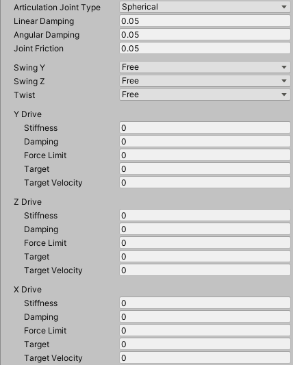 Spherical joint additional properties in the Inspector.