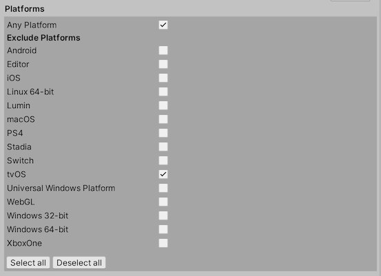 The Inspector window displays the Assembly Definition assets Platform properties, with Any Platform selected and tvOS selected as a platform to exclude.