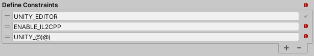 Invalid or incompatible constraints flagged in the Define Constraints section of the Assembly Definition importer Inspector window.