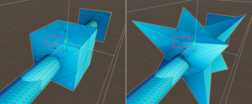 Left: original mesh, the edge has a vertex in the middle. Right: deformed state of the mesh, the vertex in the middle of the edge serves as a key deformation point.