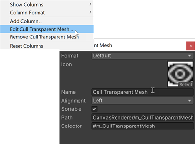 Customizing columns from the columns context menu