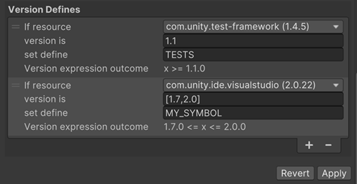 The Version Defines section of the Assembly Definition importer Inspector window, with defines configured for specific versions of the Unity Test Framework and VS Code packages.