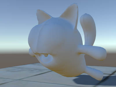 A cat-like character floats above a plane and casts a shadow onto it.
