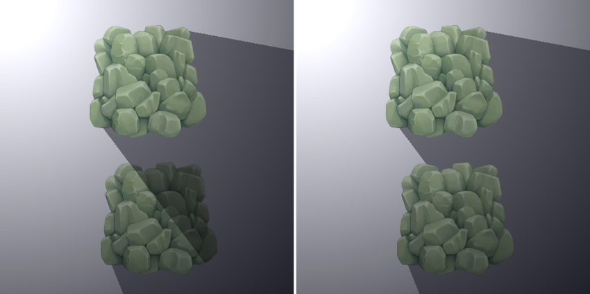Left: Without Composite Shadow Caster 2D. Right: With Composite Shadow Caster 2D
