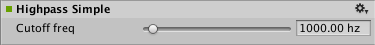 The AudioGroup Inspector displays the configurable property of an Audio High Pass Simple Effect.