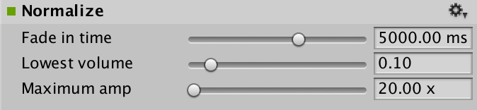 The AudioGroup Inspector displays the configurable properties of an Audio Normalize Effect.