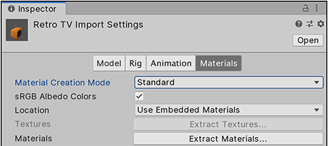 The Materials tab defines how Unity imports materials and textures