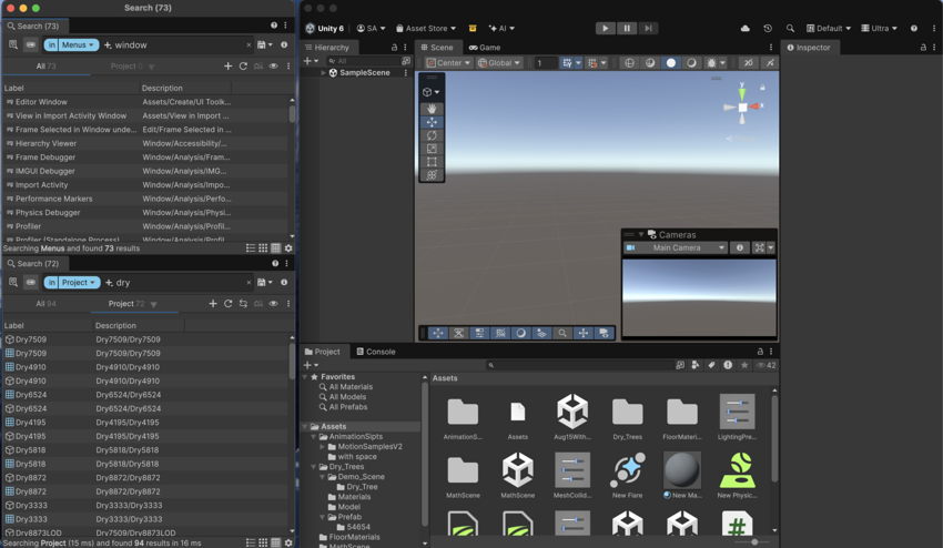 A floating Editor window with two Search tabs, next to the full Editor window