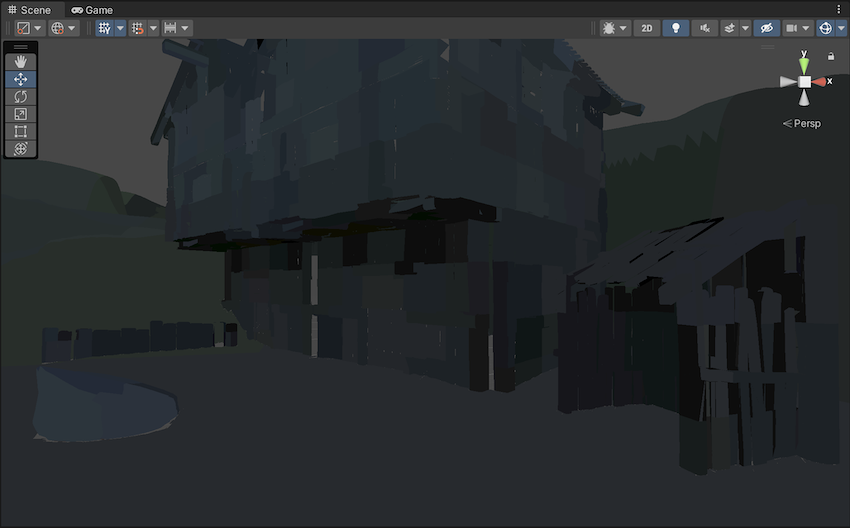 A wooden village scene in Lit Clustering mode. Each GameObject displays a similar patchwork pattern to Clustering mode, using more muted colors that represent both different clusters and lightmap color.