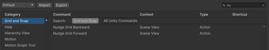 The table view in two tabs, one for the selected category and one for all commands, both filtered by the same search.