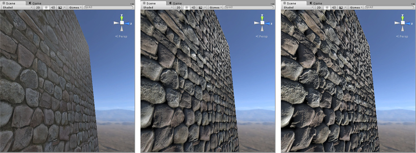 Three comparison images of a rocky wall material. The first image has an albedo assigned, but no normalmap or heightmap, so the rocks appear flat. The second image has the normalmap assigned, so the lighting is modified on the surface but the rocks dont occlude each other. The third image has a normalmap and heightmap assigned, so the rocks appear to protrude out from the surface and nearer rocks seem to occlude rocks behind them.