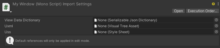 The Inspector window shows three reference fields: View Data Dictionary, Uxml, and Uss