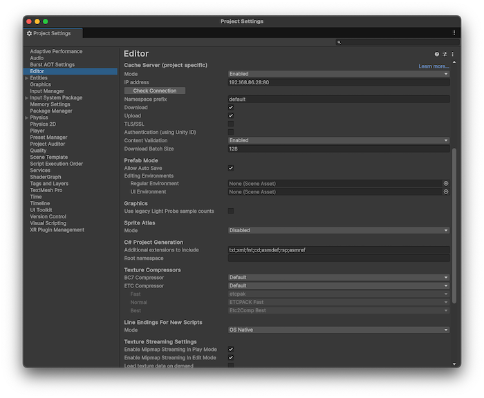 Project Settings window, with the Cache Server settings displayed.