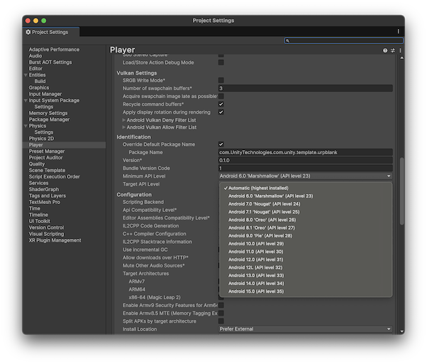Android Player Settings with the Target API Level dropdown selected.