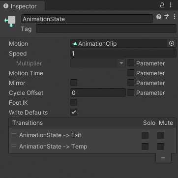 Animation State properties in the Inspector window.