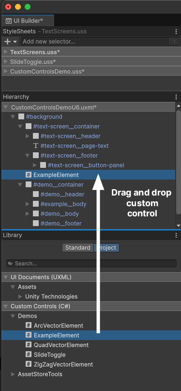 Custom controls appear in the UI Builder Library.