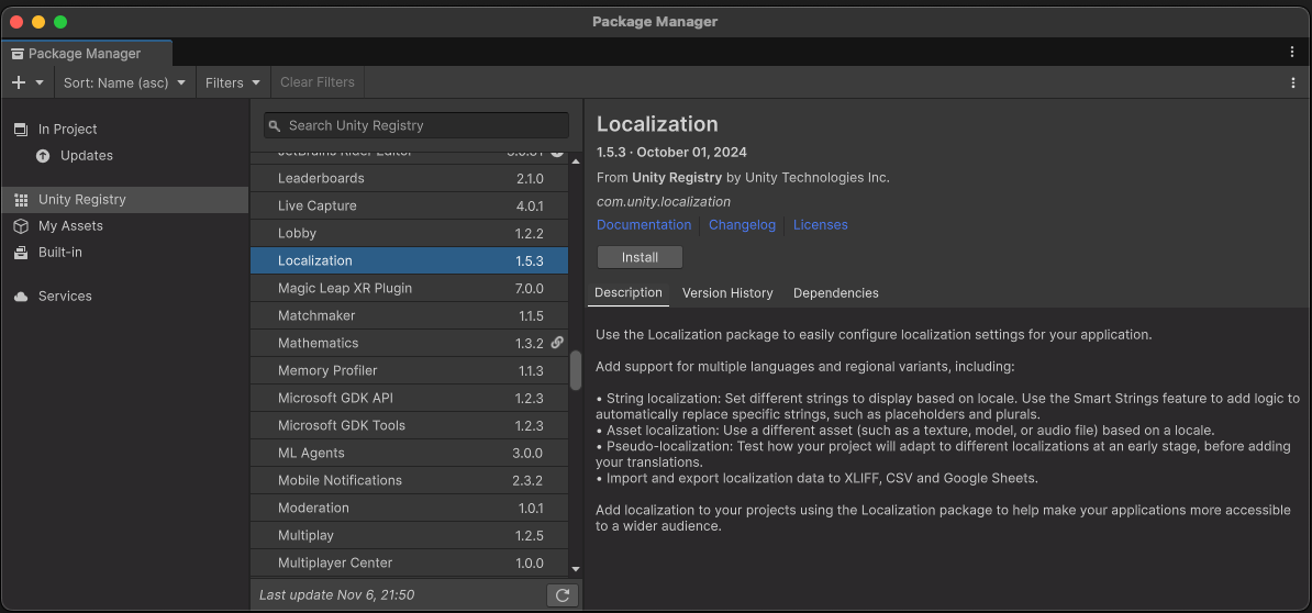 Install the Localization package from the Package Manager.