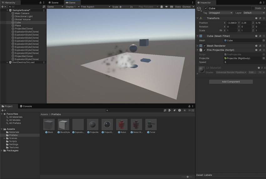 Projectile and explosion prefabs being instantiated and destroyed.