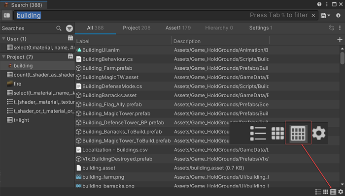View options in the Search window