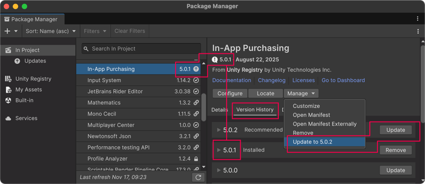 Version numbers for installed packages display in multiple places and the recommended version appears in the Manage dropdown