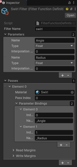 Define swirl filter in the Inspector window