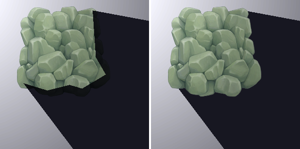 Left: Use Renderer Silhouette disabled, Self Shadow disabled. Right: Use Renderer Silhouette enabled, Self Shadow disabled.