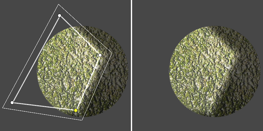 Left: Freeform Light in edit mode. Right: Resulting Light Effect.